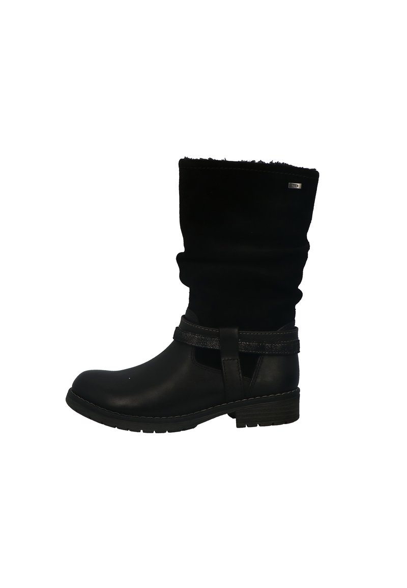 Botas negras hasta la rodilla con punta redonda, hechas de cuero y pelo sintético. Presentan una banda alrededor del tobillo y un empeine texturizado.