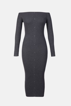 Harmaa raidallinen midi-mekko, jossa on off-the-shoulder-hihnat, pitkät hihat, tiukka siluetti ja etuosassa napit keskellä.