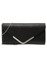 Musta tekstitettu laukku, jossa on taittuva läppä, metallinen ketjuhihna ja hopeinen V-muotoinen koristetulos etuosassa. Kompakti ja tyylikäs muotoilu.