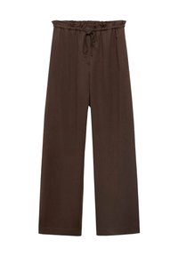 Brązowe spodnie w szerokim kroju z elastycznym pasem i sznurkiem. Wykonane z miękkiego, gładkiego materiału bez dodatkowych wzorów czy ozdób.