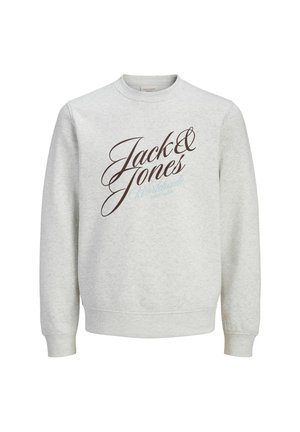 Jasnoszara bluza z miękkiego materiału, z brązowym, kursywnym logo "Jack & Jones" oraz niebieskim akcentem. Klasyczny okrągły dekolt i ściągacze przy rękawach.
