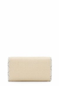Clutch beige intrecciato, di forma rettangolare, con un bordo bianco liscio e delicati accenti a pois su un lato. Finitura texturizzata.