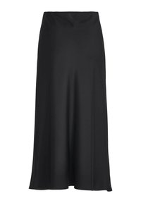 Jupe midi en satin noir avec texture lisse et légère évasement à l'ourlet, coupe taille haute.