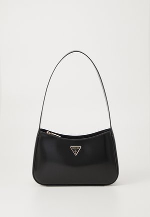 Black handbag with a curved silhouette, made of glossy material. Features a gold triangle logo and a zip closure for security.