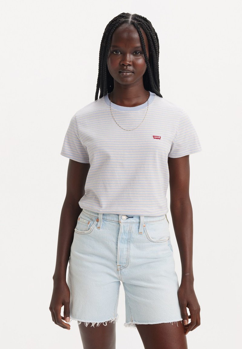 Striped light blue and white t-shirt with short sleeves, paired with high-waisted light denim shorts featuring frayed hems.