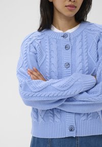 Gilet en tricot bleu clair avec des motifs en relief, col rond et fermeture par trois boutons. Les poignets et l'ourlet côtelés complètent le design.