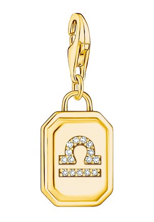 Goldener rechteckiger Anhänger mit Karabinerverschluss, mit einem Waage-Zodiak-Symbol aus kleinen klaren Edelsteinen.