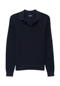 Tumman sininen neuletakki, jossa on teksturoitu kudos, kaulus ja V-pääntie. Varustettu pitkillä hihoilla sekä resoreilla hihoissa ja helmassa.