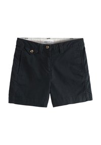 Chino shorts i mörk marinblå bomull, med knappstängning, två framfickor med dekorativa lock och en enkel fåll.