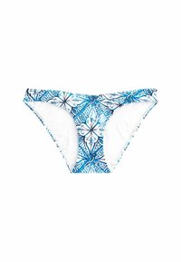 Bikiny ve spodní části s modro-bílým geometrickým vzorem a hladkým povrchem. Vysoký sadový střih a mírné pokrytí zezadu.