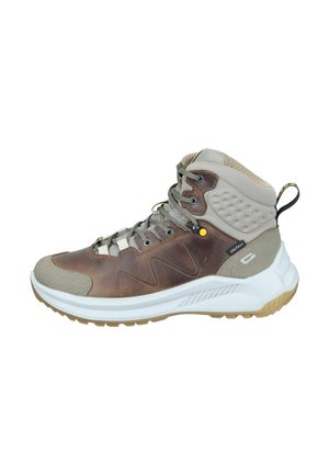 Hochformat-Wanderschuh aus braunem Leder mit grauen Akzenten, strukturierten Einsätzen, beigem Kragen, weißer Sohle und Schnürsystem mit Metallösen.