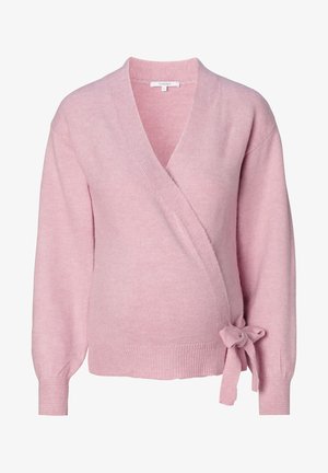 Pull-over en tricot rose avec un joli design enveloppant, présentant un décolleté en V profond, des manches longues, une taille nouée et des poignets et un ourlet côtelés.