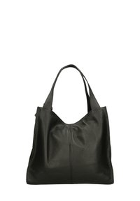 Borsa tote in pelle nera con una finitura testurizzata, dotata di due manici robusti e un design morbido, evidenziato da pieghe discrete sulla parte anteriore.