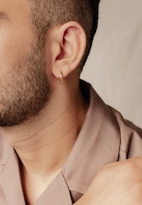 Orecchino a cerchio d'oro indossato all'orecchio sinistro, con una superficie liscia e riflettente. Lo sfondo presenta una tonalità neutra, che mette in risalto l'orecchino.