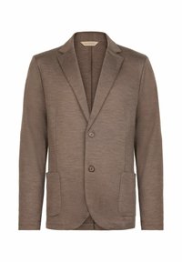 Brun stickad blazer med slät yta, skuren slagkrage, tvåknappsstängning och två framfickor. Enkel design, inga synliga mönster.