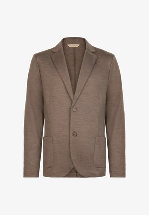 Brązowa dzianinowa marynarka o gładkiej fakturze, z klapami, z zapięciem na dwa guziki oraz dwoma przednimi kieszeniami. Prosty design, bez widocznych wzorów.