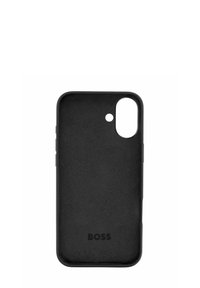 Juodas išmaniojo telefono dėklas su lygiu paviršiumi, išpjova kamerai ir žemiau įspaustu logotipu „BOSS“. Paprastas, elegantiškas dizainas.
