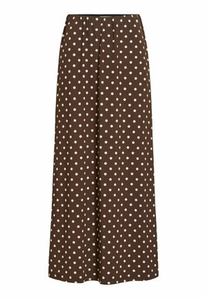 Pantalon large taille haute marron avec des pois blancs, taille élastique, et une coupe ample et fluide.