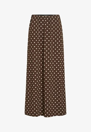 Pantalon large taille haute marron avec des pois blancs, taille élastique, et une coupe ample et fluide.