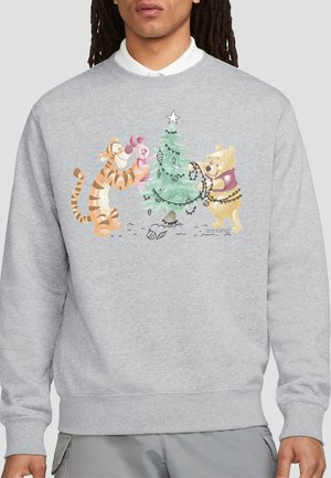 Gray sweatshirt featuring a graphic of Tigger, Piglet, and Winnie the Pooh decorating a Christmas tree with colorful ornaments.