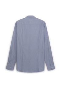 Camicia a maniche lunghe di colore blu chiaro con un piccolo motivo geometrico, colletto button-down e bottoni bianchi. Tessuto morbido con una vestibilità leggermente rilassata.