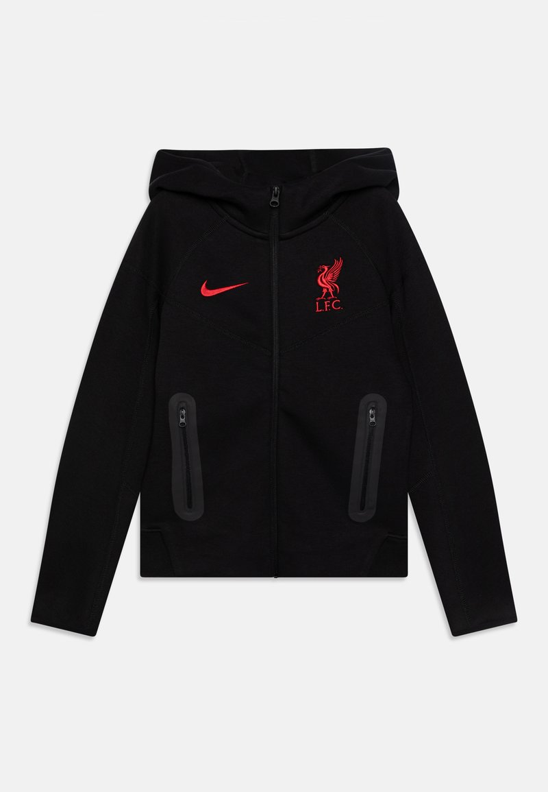 Zwarte zip-up jas met capuchon, rood Nike-logo en Liverpool FC-embleem. Voorzien van twee ritszakken aan de zijkant en een gestructureerde stof.
