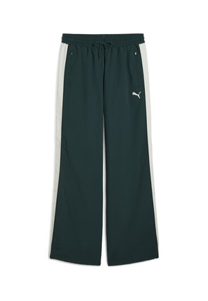 Dark green athletic pants with a wide leg design, elastic waistband, drawstring, and contrasting light side panels. Features small logo detail.