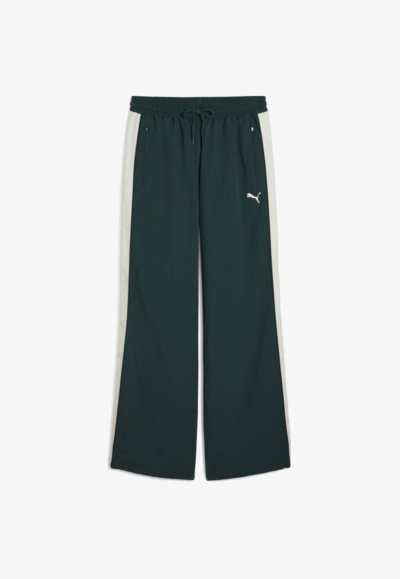 Dark green athletic pants with a wide leg design, elastic waistband, drawstring, and contrasting light side panels. Features small logo detail.