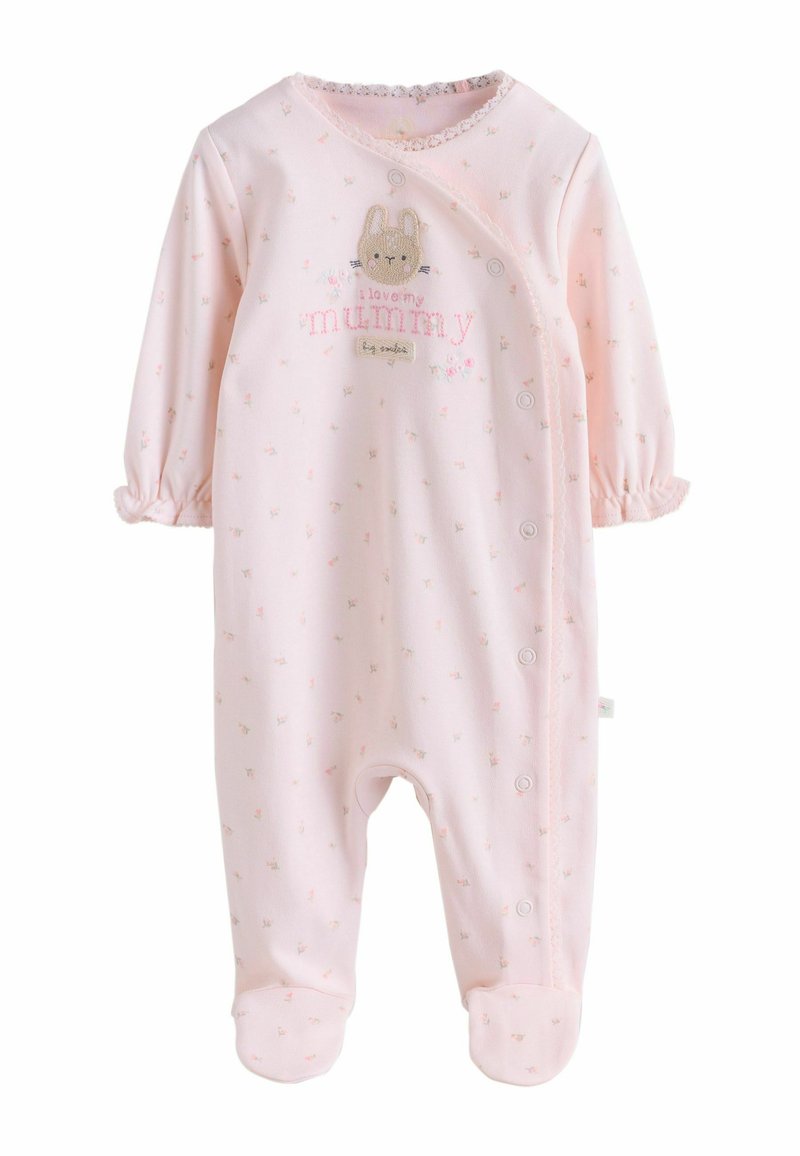 Rosa babybody med långärmar, med ett kaninmotiv, texten "Jag älskar min mamma" och små blommönster. Mjuk tyg, tryckknappar.