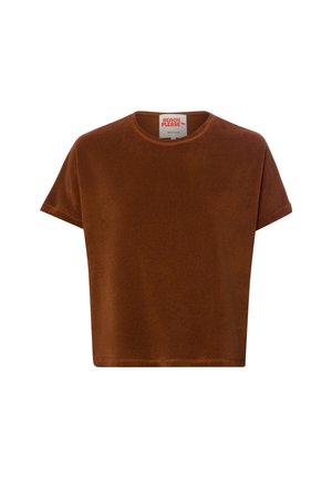 Braunes kurzärmeliges Frottee-T-Shirt mit Rundhalsausschnitt und dem Aufnäher "Beach Please" innen im Kragen.