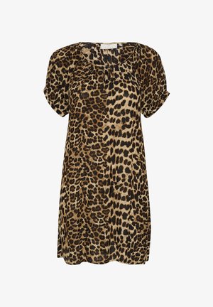 Leopárdmintás ruha barna és bézs színben, rövid ujjú, laza szabású, kerek nyakkivágással, puha anyagból, felső részén ráncolt részlettel.