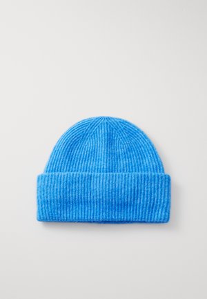 Blue knitted beanie made from soft material. Features ribbed texture and a folded cuff, providing warmth and a snug fit.