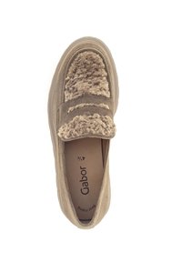Beige suede loafer with textured wool-like panels on the top, flat sole, and "Gabor" brand name on the insole.