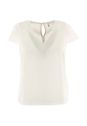 Valkoinen paita, jossa on V-muotoinen kaula-aukko ja pitsiset lyhyet hihat. Takana on avaus, joka muistuttaa avaimenreikää. Sileä pinta, kevyt kangas.