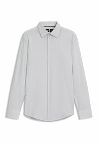 Camicia a maniche lunghe grigio chiaro a righe con colletto classico, chiusura anteriore con bottoni e orlo dritto. Presenta sottili righe verticali e polsini con bottoni.
