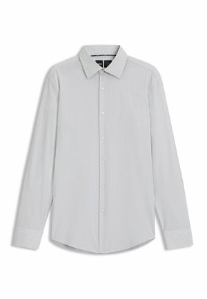 Camicia a maniche lunghe grigio chiaro a righe con colletto classico, chiusura anteriore con bottoni e orlo dritto. Presenta sottili righe verticali e polsini con bottoni.
