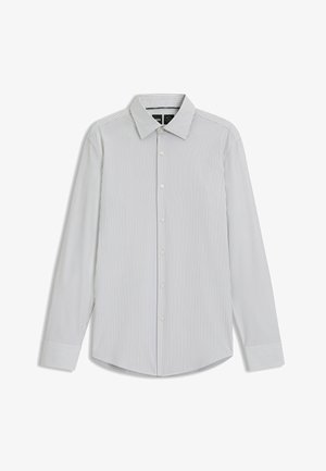 Camicia a maniche lunghe grigio chiaro a righe con colletto classico, chiusura anteriore con bottoni e orlo dritto. Presenta sottili righe verticali e polsini con bottoni.