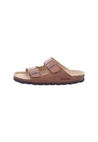 Brown leather sandal with two adjustable straps featuring metal buckles, cork footbed, and a textured brown rubber sole.