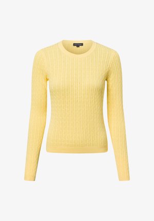 Gelb gestrickter Pullover mit strukturiertem Rippendesign, langen Ärmeln und Rundhalsausschnitt. Weiches Material, figurbetonte Silhouette und gerippte Bündchen.