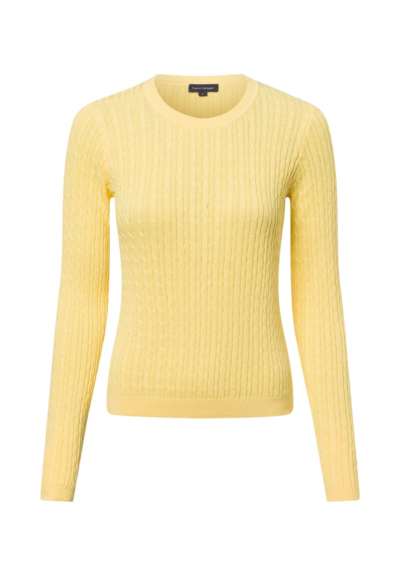 Gelb gestrickter Pullover mit strukturiertem Rippendesign, langen Ärmeln und Rundhalsausschnitt. Weiches Material, figurbetonte Silhouette und gerippte Bündchen.