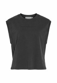 Camiseta negra corta con escote redondo y sisas caídas. Fabricada en tejido suave con un sutil logo en el pecho. Textura lisa.