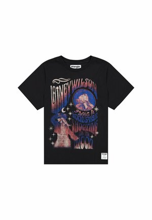 Zwart katoenen t-shirt met kleurrijke graphic print van sterren en een figuur, met de tekst "Lainey Wilson Shooting for the Moon."