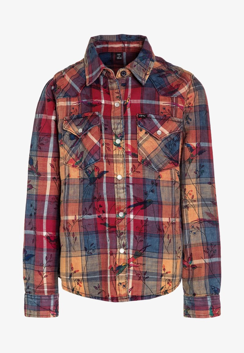 Chemise à manches longues boutonnée avec un motif à carreaux rouge, bleu et orange, agrémentée de petits motifs d'oiseaux et de branches, et deux poches poitrine à rabat.