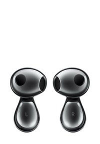 Drahtlose Ohrhörer mit glänzender schwarzer Oberfläche, abgerundeter Form, linken (L) und rechten (R) Indikatoren sowie Netz-Lautsprechergittern.