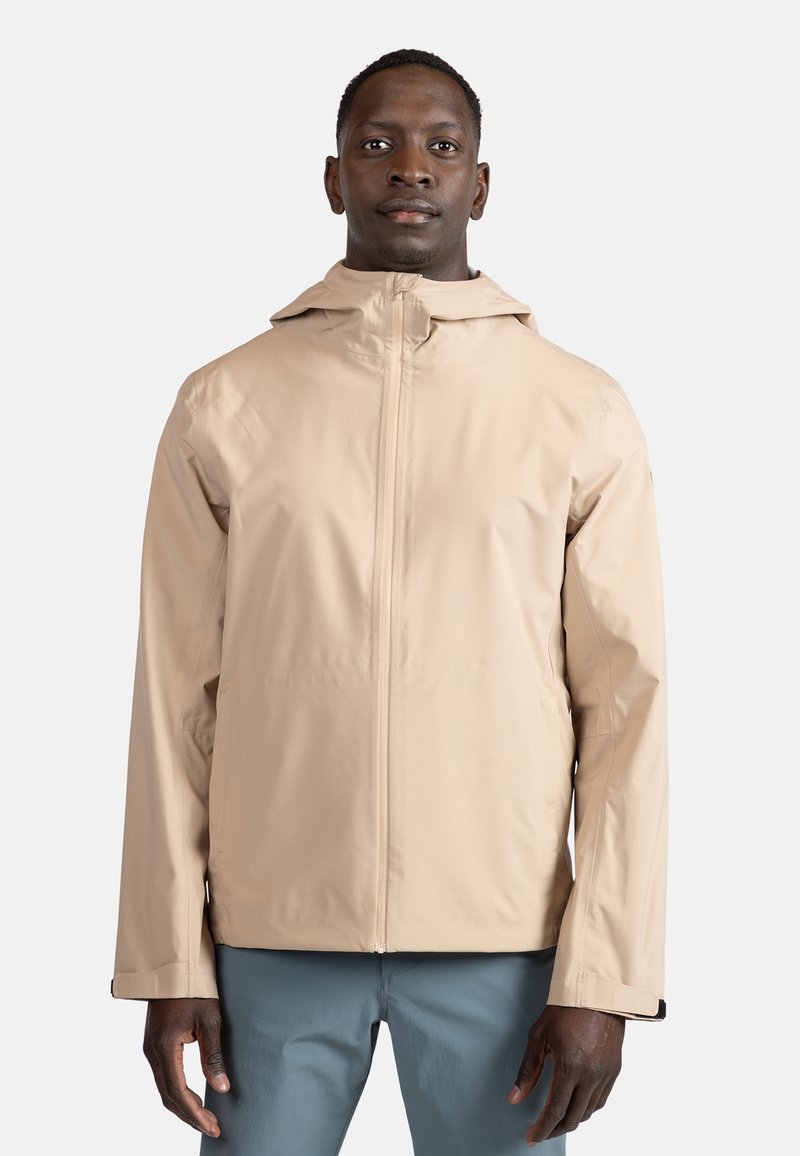 Beige waterdichte jas met capuchon, voorzijde met rits en elastische manchetten. Glad textuur en minimalistisch ontwerp. Lichtgewicht, veelzijdige bovenkleding.