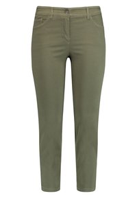 Olivgrön, figursydda byxor i bomullsmaterial. Har två framfickor, knäppning med knapp och sömnadsdetaljer längs sömmarna.