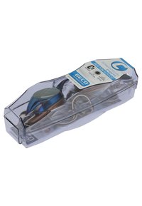Swimming goggles in a clear plastic case; features a blue frame, green lenses, and brown straps, labeled "BECQ Competition."