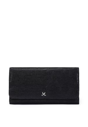 Black textured leather wallet with a fold-over flap and small silver "XL" logo centered on the front.