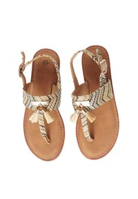 Sandali piatti intrecciati con un motivo beige e multicolore, hardware dorato, dettagli con frange e suola marrone. Taglia 36 indicata.