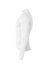 T-shirt de sport à manches longues, blanc, avec un design ajusté, une texture lisse et des accents légèrement côtelés le long des côtés et des épaules.